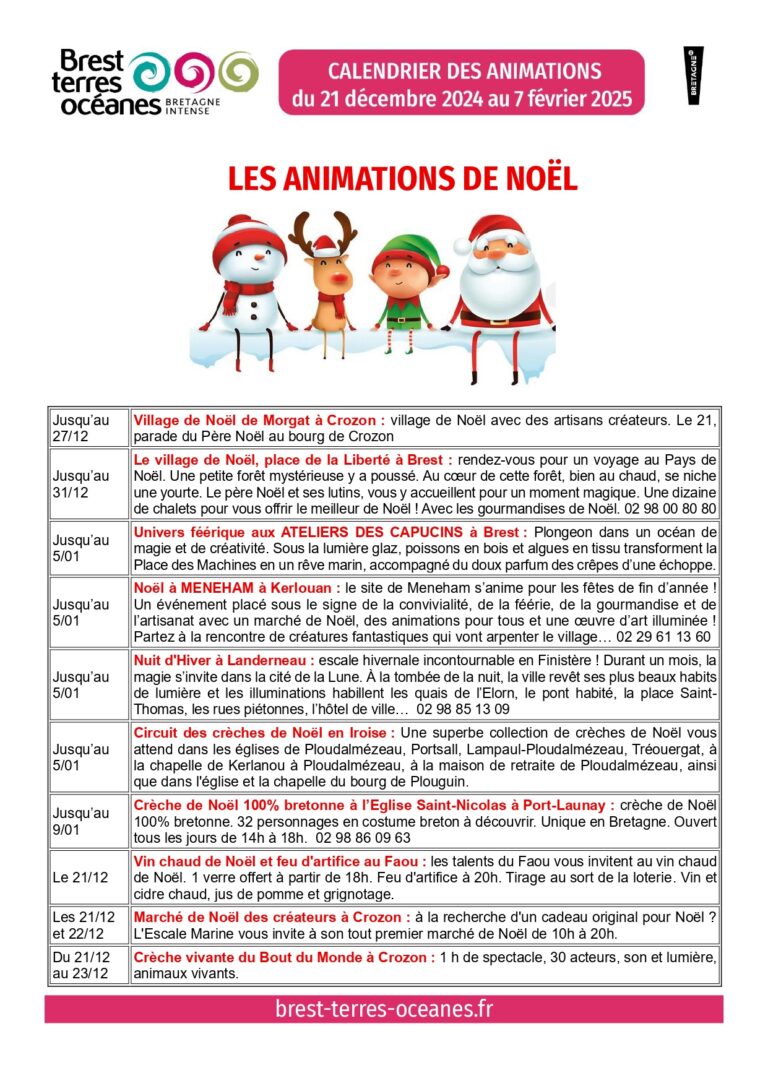 Calendrier des animations de la destination Brest terres océanes - Décembre 2024 à février 2025